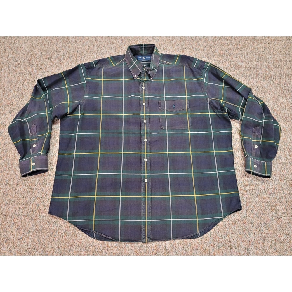 Polo Ralph Lauren Big Shirt Mens XL Green Navy Plaid Cotton Relaxed Fit Preppy